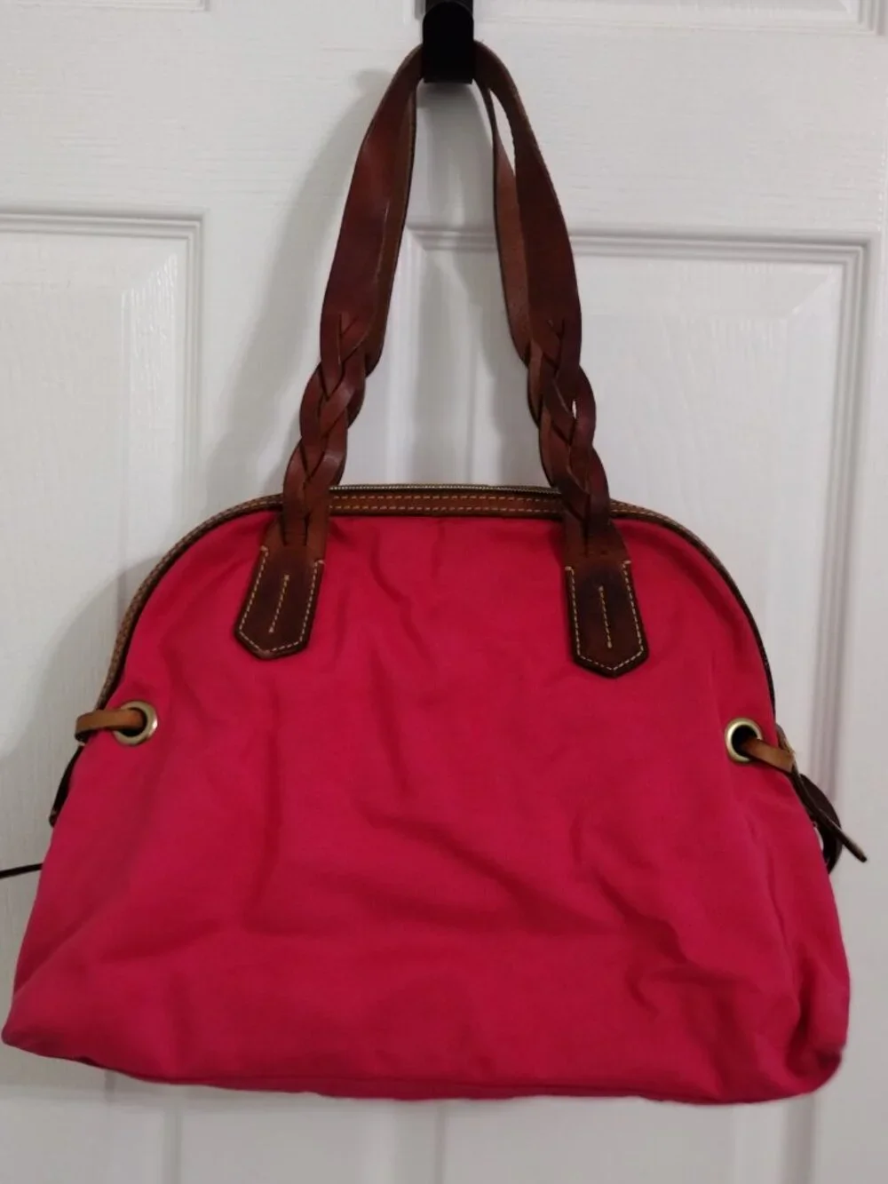 Dooney & Bourke Pink Nylon Satchel Brown Leather Trim Braided Handles Shoulder